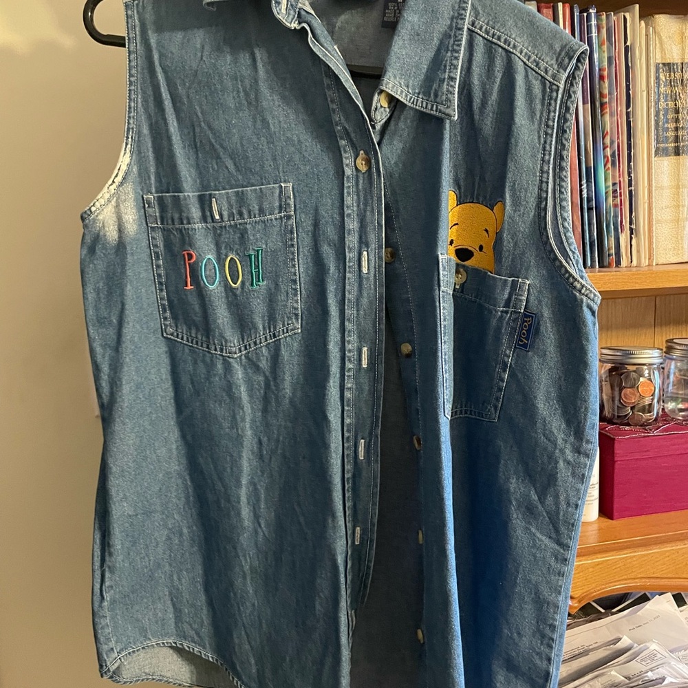 Disney Blue Denim Sleeveless Shirt with Pooh Embroidery